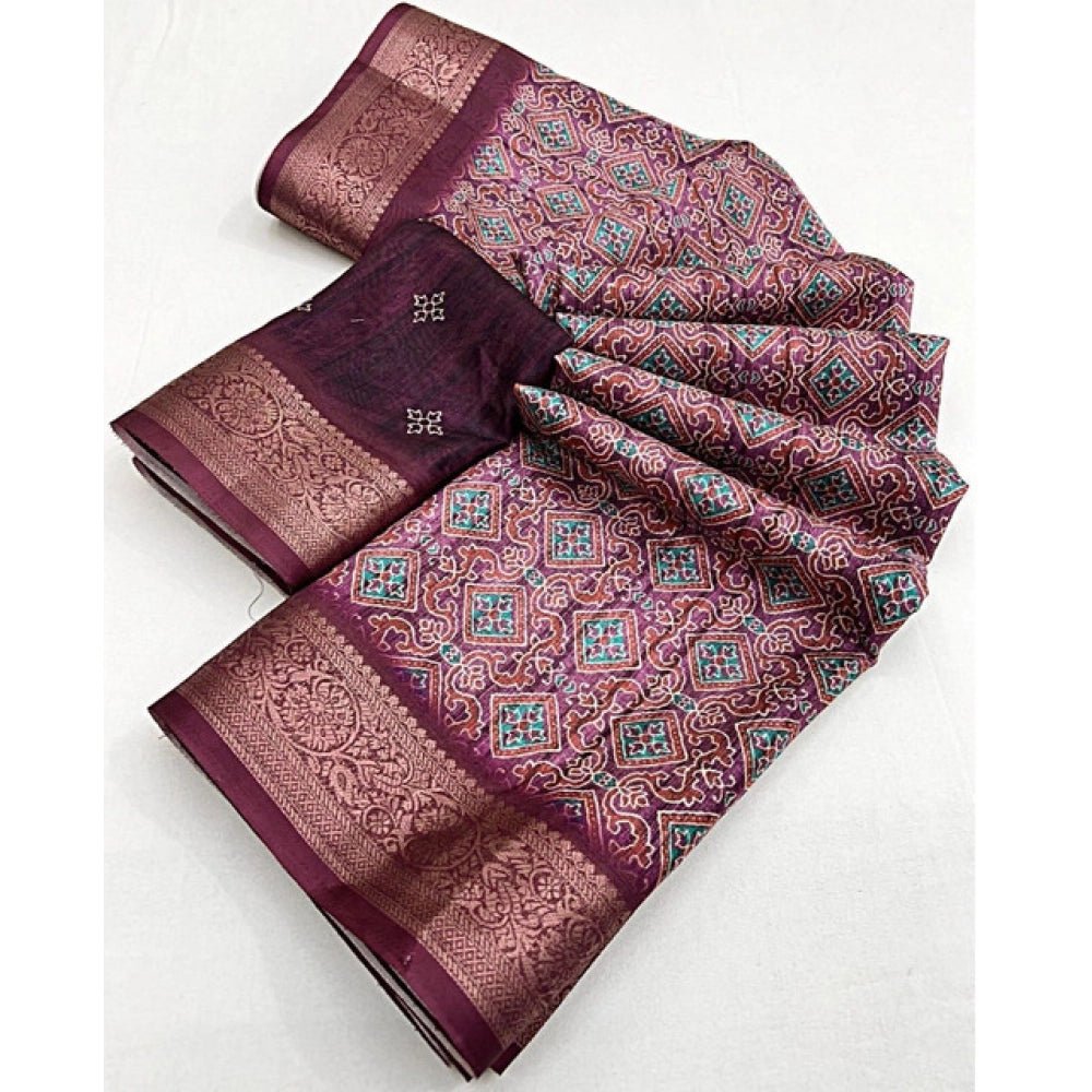 Printed Saree With Unstitched Blouse 5.5Mtr (Wine) - Image 6