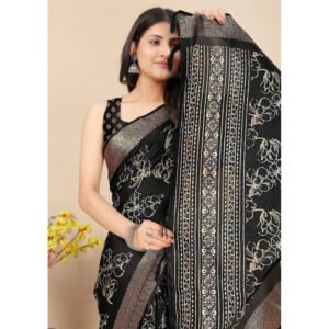 Floral Printed Saree With Unstitched Blouse 5.5Mtr (Black)