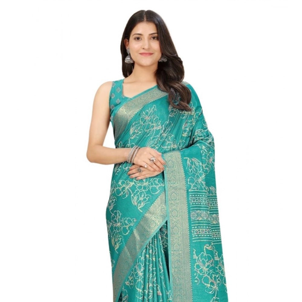 Floral Printed Saree With Unstitched Blouse 5.5Mtr (Rama) - Image 2