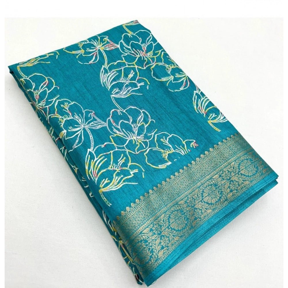 Floral Printed Saree With Unstitched Blouse 5.5Mtr (Rama) - Image 3