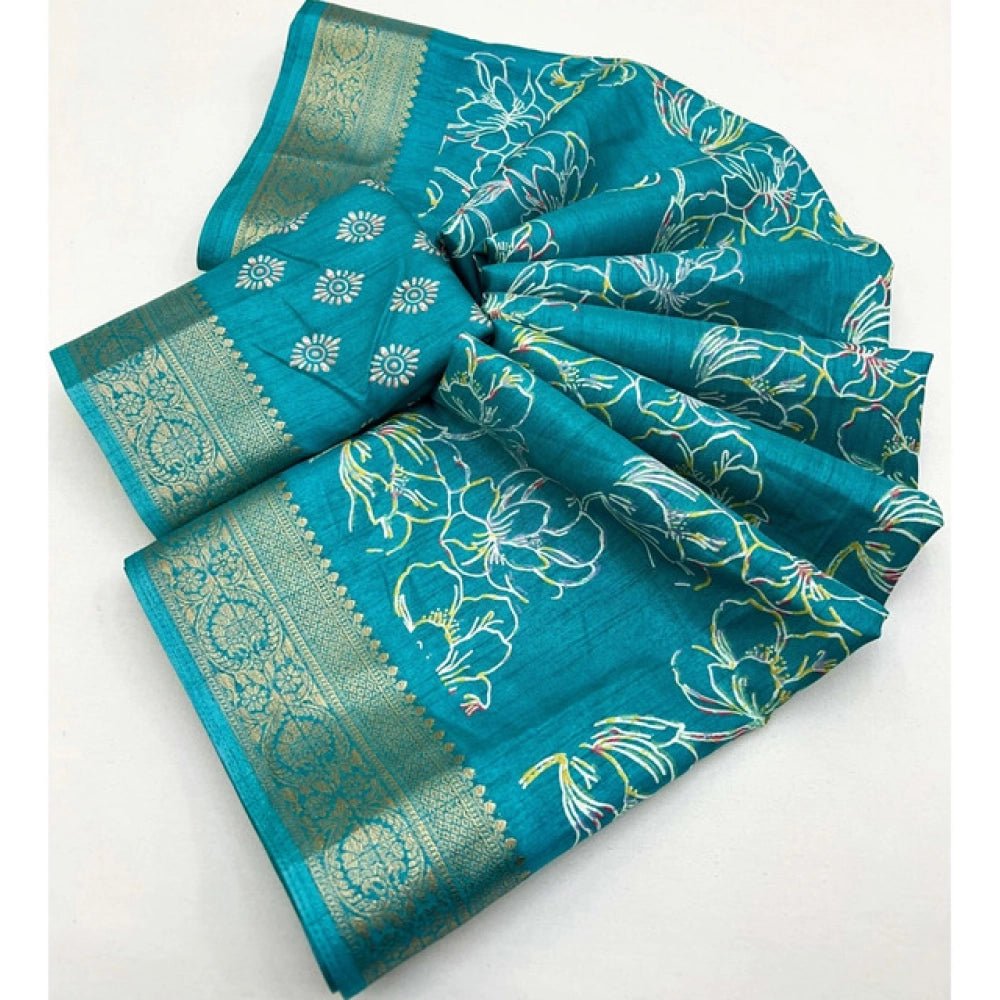 Floral Printed Saree With Unstitched Blouse 5.5Mtr (Rama) - Image 6