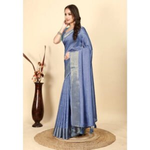 Checkered Saree With Unstitched Blouse 5.5Mtr (Blue)