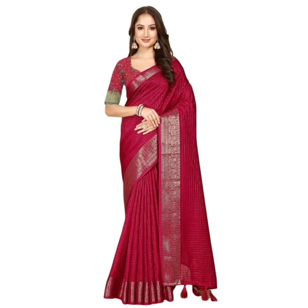 Checkered Saree With Unstitched Blouse 5.5Mtr (Red) - Image 2