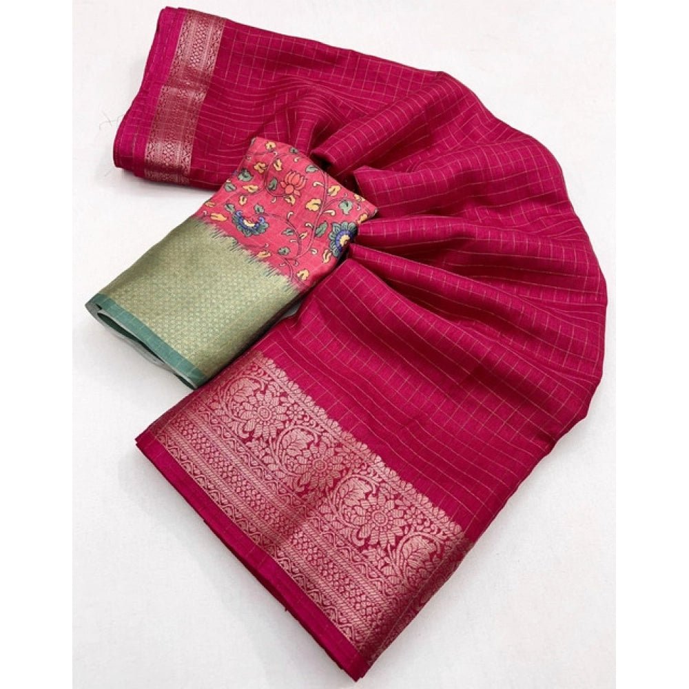 Checkered Saree With Unstitched Blouse 5.5Mtr (Red) - Image 3