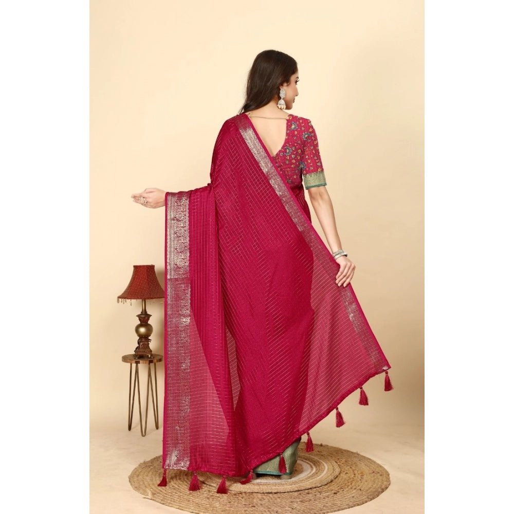 Checkered Saree With Unstitched Blouse 5.5Mtr (Red) - Image 4