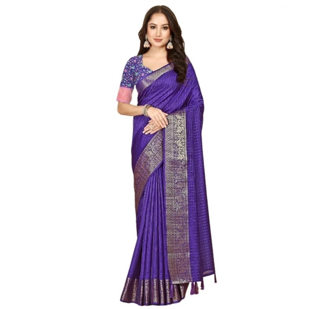 Checkered Saree With Unstitched Blouse 5.5Mtr (Royal Blue) - Image 2