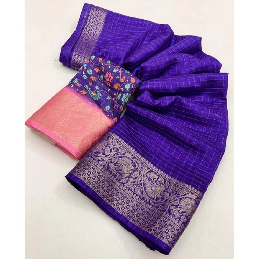 Checkered Saree With Unstitched Blouse 5.5Mtr (Royal Blue) - Image 3
