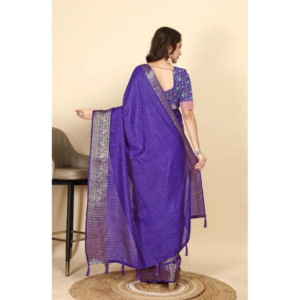 Checkered Saree With Unstitched Blouse 5.5Mtr (Royal Blue) - Image 4