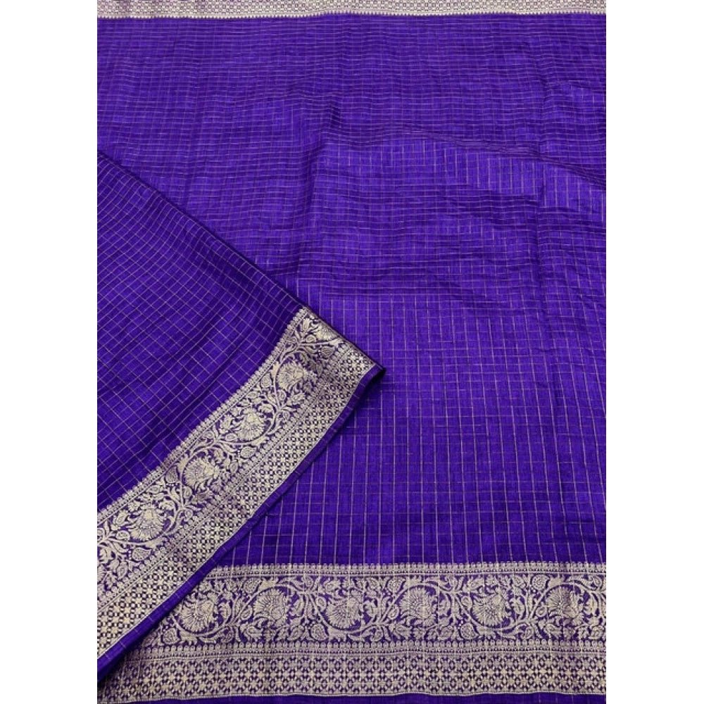 Checkered Saree With Unstitched Blouse 5.5Mtr (Royal Blue) - Image 5