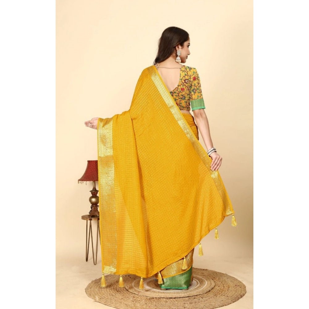 Checkered Saree With Unstitched Blouse 5.5Mtr (Yellow) - Image 3