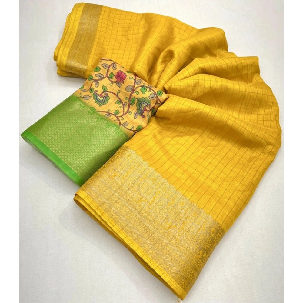 Checkered Saree With Unstitched Blouse 5.5Mtr (Yellow) - Image 4