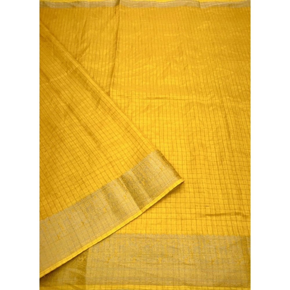 Checkered Saree With Unstitched Blouse 5.5Mtr (Yellow) - Image 5