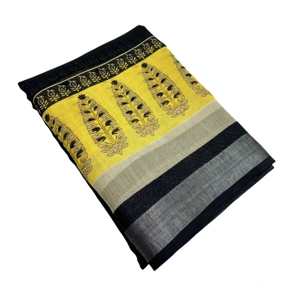 Cotton Linen Printed Saree With Unstitched Blouse 5.5Mtr (Black) - Image 2