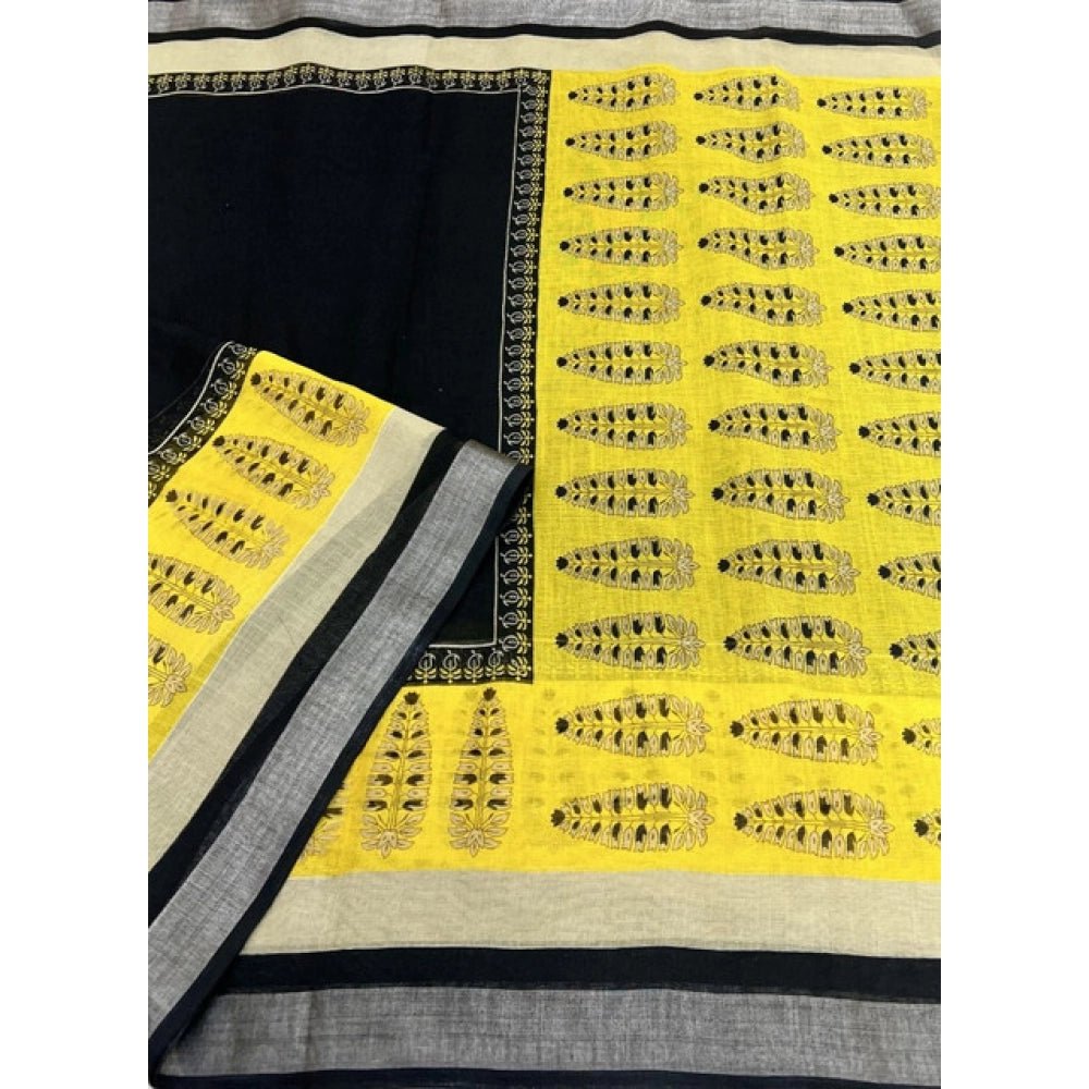 Cotton Linen Printed Saree With Unstitched Blouse 5.5Mtr (Black) - Image 3