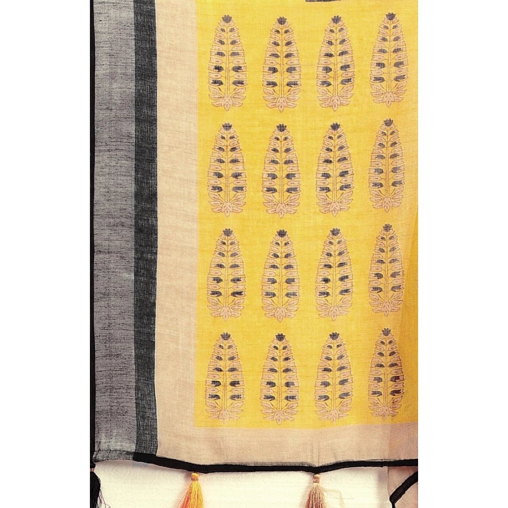 Cotton Linen Printed Saree With Unstitched Blouse 5.5Mtr (Black) - Image 5