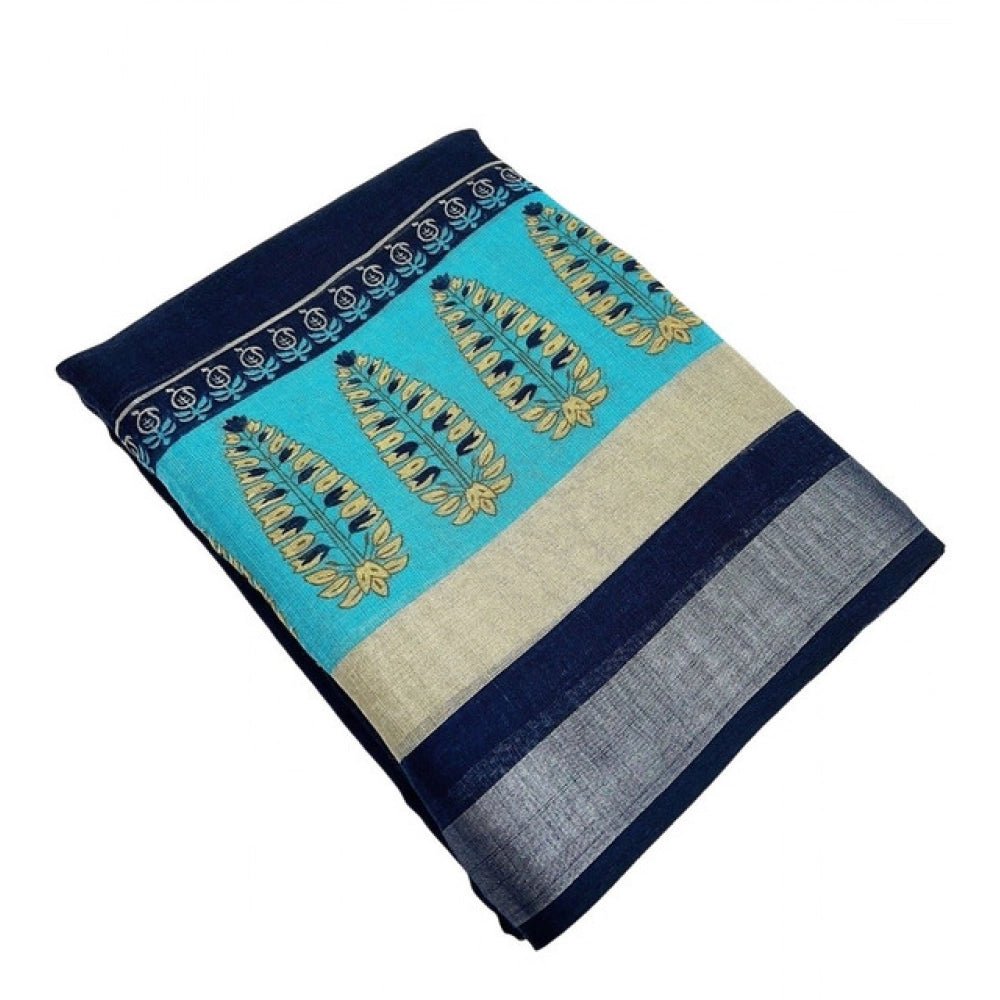 Cotton Linen Printed Saree With Unstitched Blouse 5.5Mtr (Blue) - Image 2