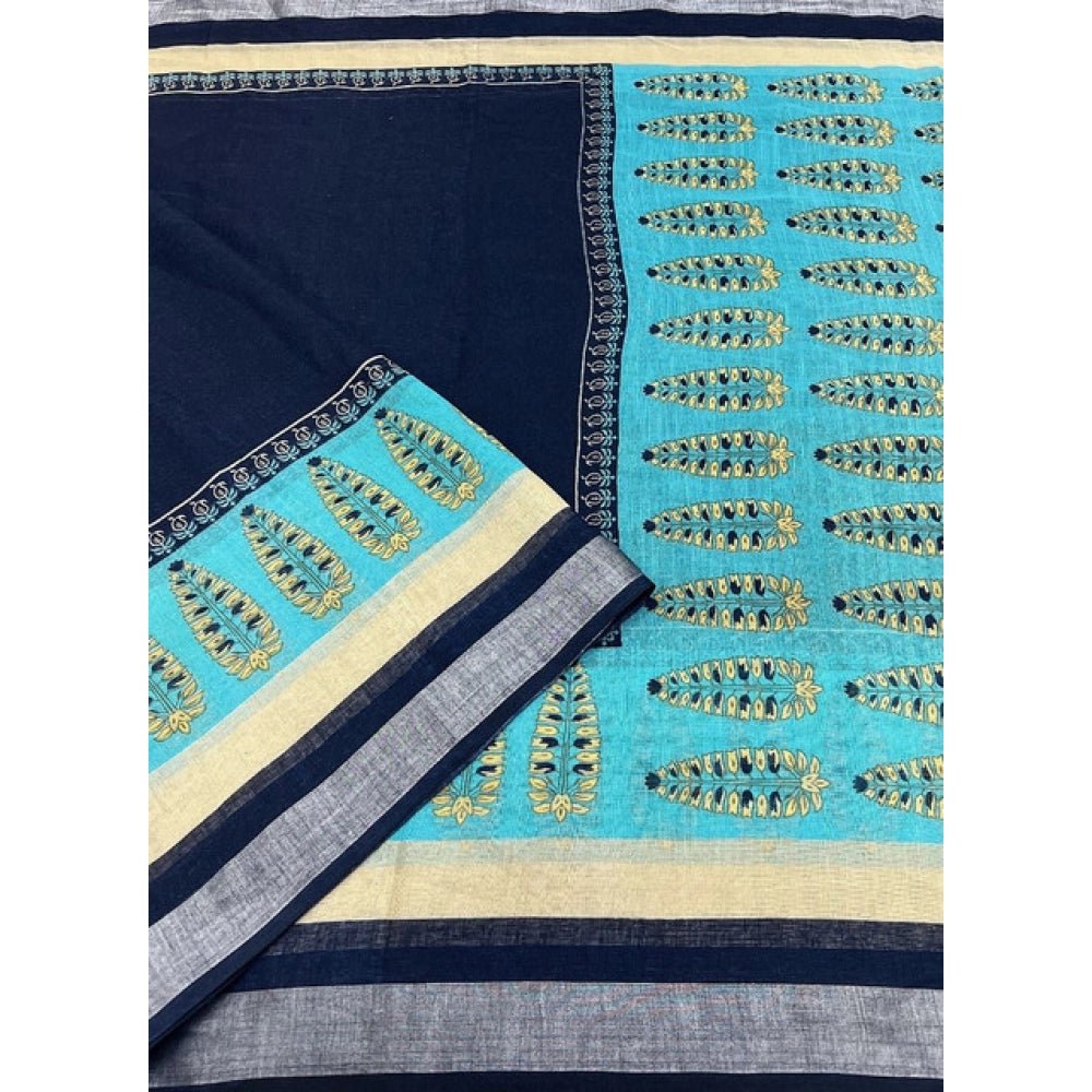 Cotton Linen Printed Saree With Unstitched Blouse 5.5Mtr (Blue) - Image 3