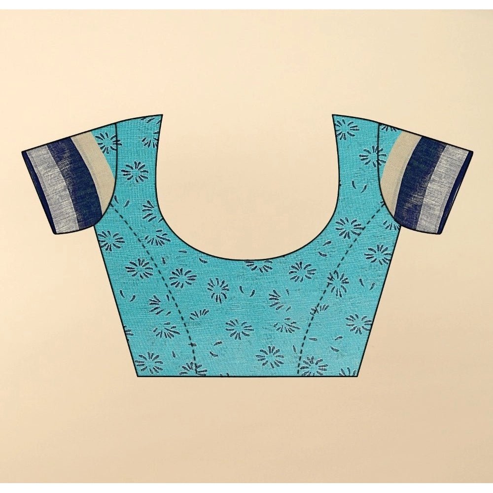 Cotton Linen Printed Saree With Unstitched Blouse 5.5Mtr (Blue) - Image 4