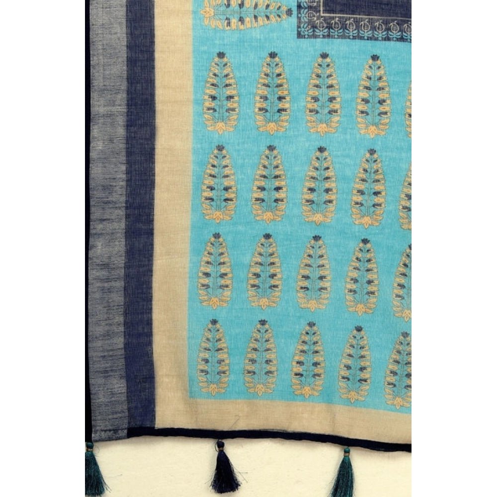 Cotton Linen Printed Saree With Unstitched Blouse 5.5Mtr (Blue) - Image 5