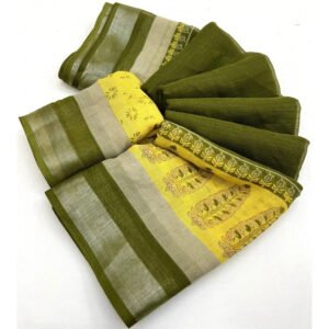 Cotton Linen Printed Saree With Unstitched Blouse 5.5Mtr (Green)