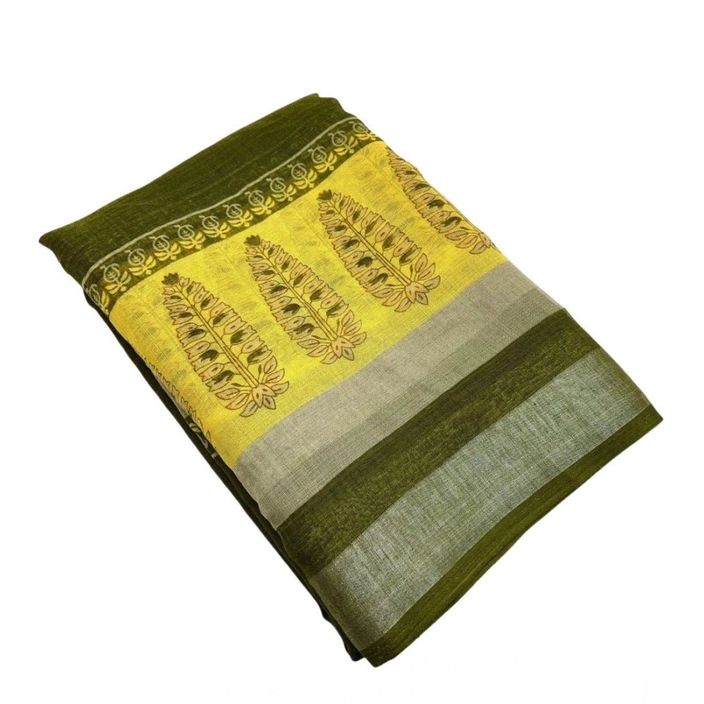 Cotton Linen Printed Saree With Unstitched Blouse 5.5Mtr (Green) - Image 2