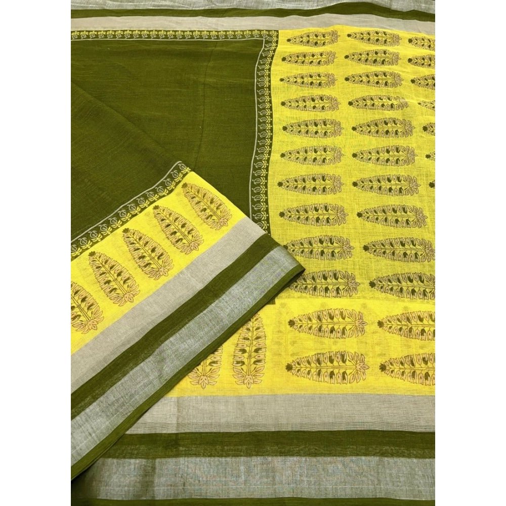 Cotton Linen Printed Saree With Unstitched Blouse 5.5Mtr (Green) - Image 3