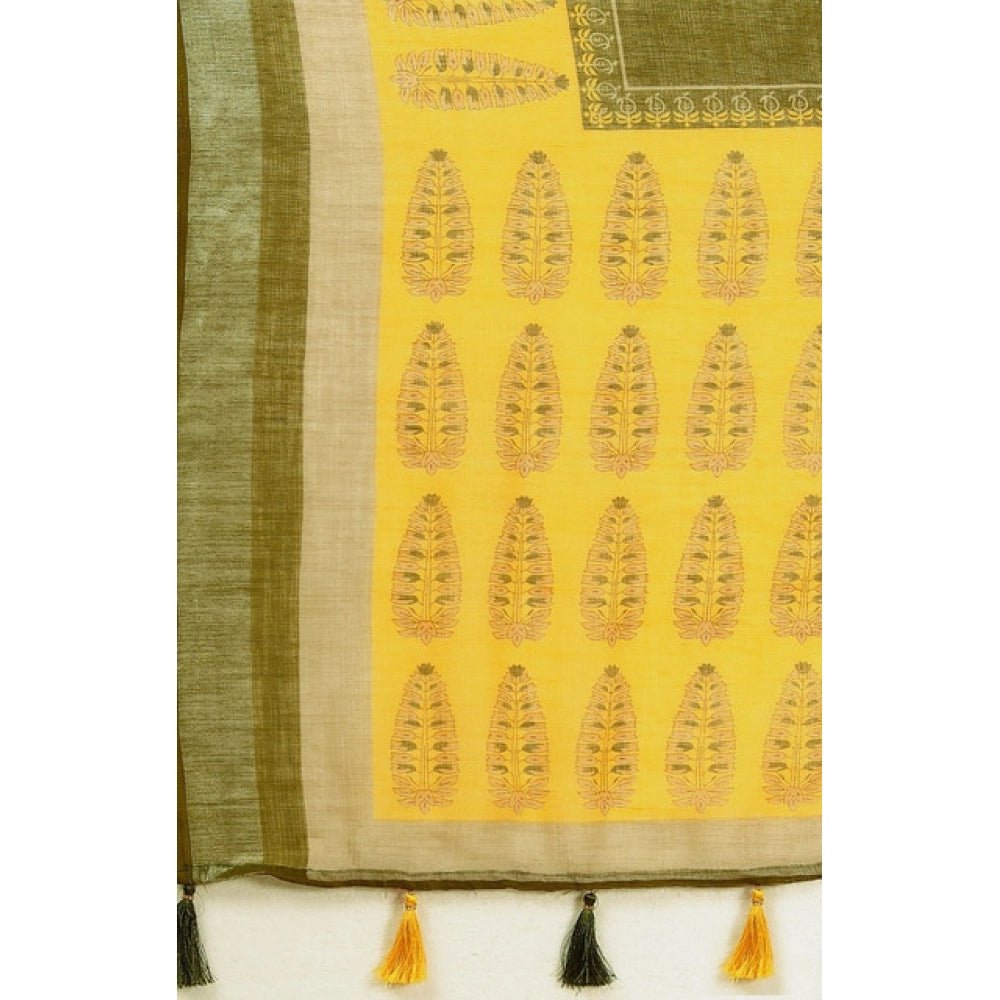 Cotton Linen Printed Saree With Unstitched Blouse 5.5Mtr (Green) - Image 5