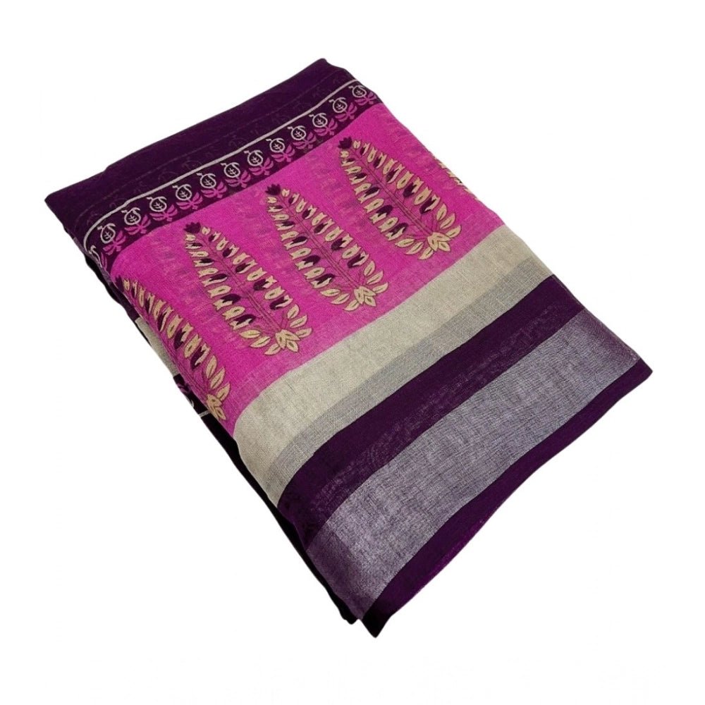 Cotton Linen Printed Saree With Unstitched Blouse 5.5Mtr (Wine) - Image 2