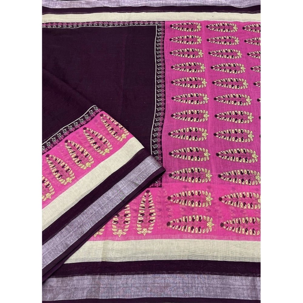 Cotton Linen Printed Saree With Unstitched Blouse 5.5Mtr (Wine) - Image 3