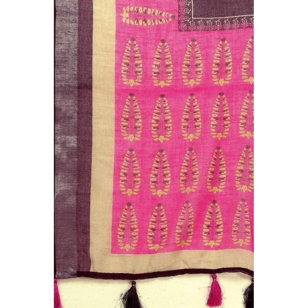 Cotton Linen Printed Saree With Unstitched Blouse 5.5Mtr (Wine) - Image 5