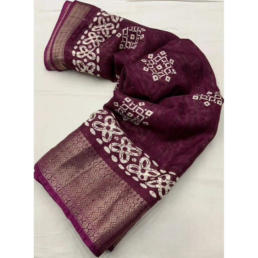 Printed Saree With Unstitched Blouse 5.5Mtr (Wine) - Image 3