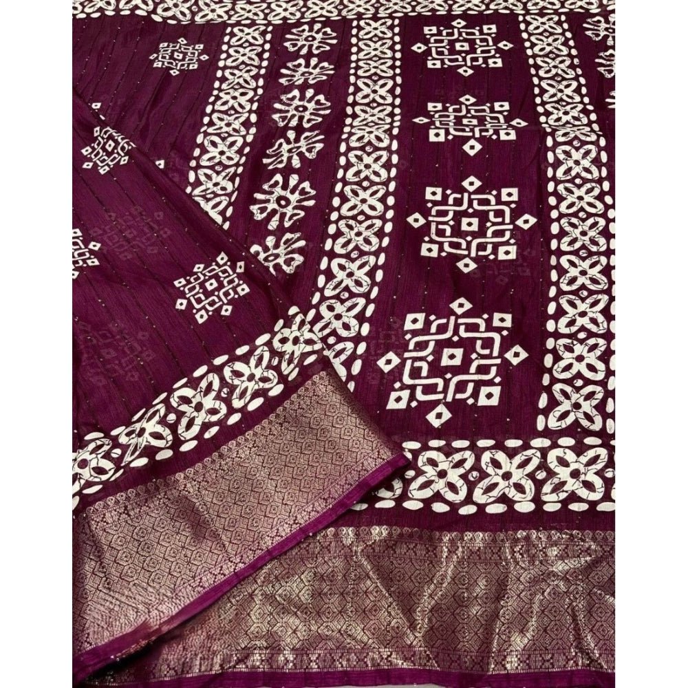Printed Saree With Unstitched Blouse 5.5Mtr (Wine) - Image 4