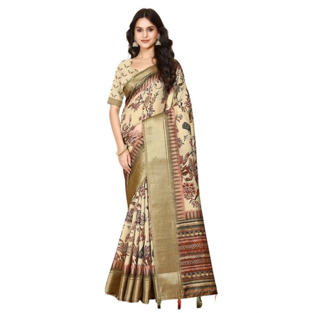 Printed Saree With Unstitched Blouse 5.5Mtr (Cream) - Image 2