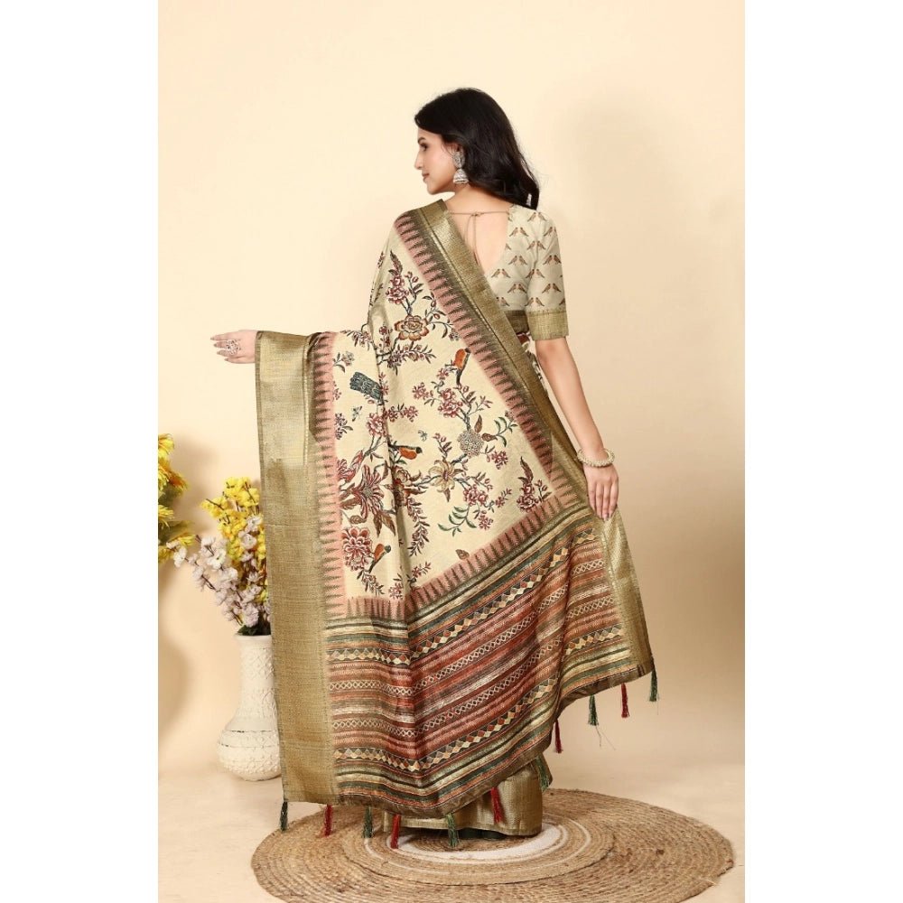 Printed Saree With Unstitched Blouse 5.5Mtr (Cream) - Image 3