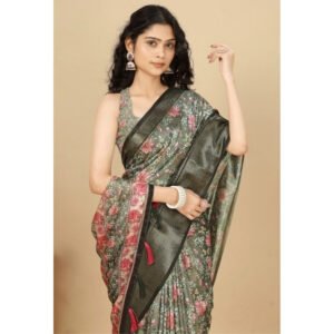 Floral Printed Saree With Unstitched Blouse 5.5Mtr (Grey)