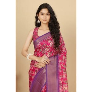 Floral Printed Saree With Unstitched Blouse 5.5Mtr (Pink)