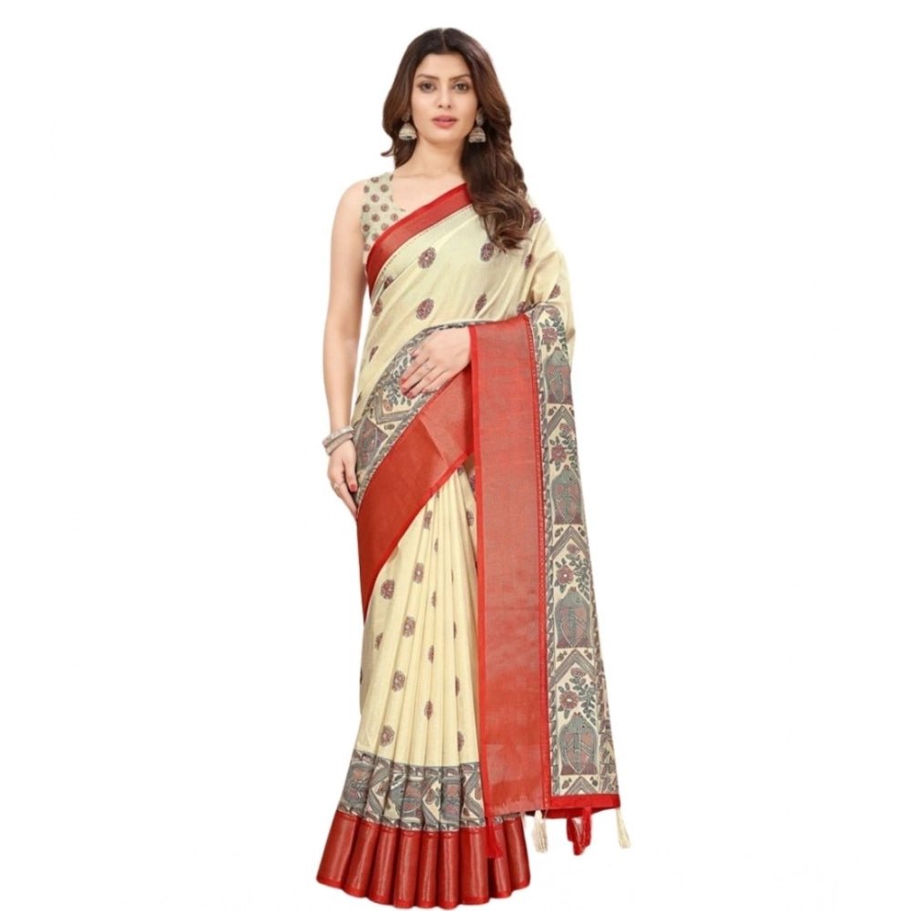 Printed Saree With Unstitched Blouse 5.5Mtr (Cream) - Image 2