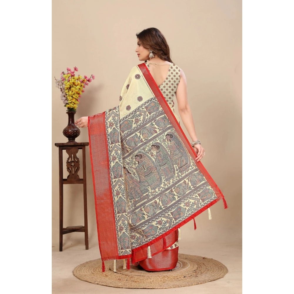 Printed Saree With Unstitched Blouse 5.5Mtr (Cream) - Image 3