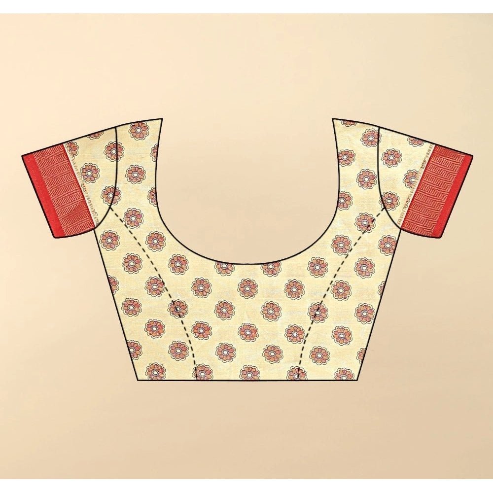 Printed Saree With Unstitched Blouse 5.5Mtr (Cream) - Image 4