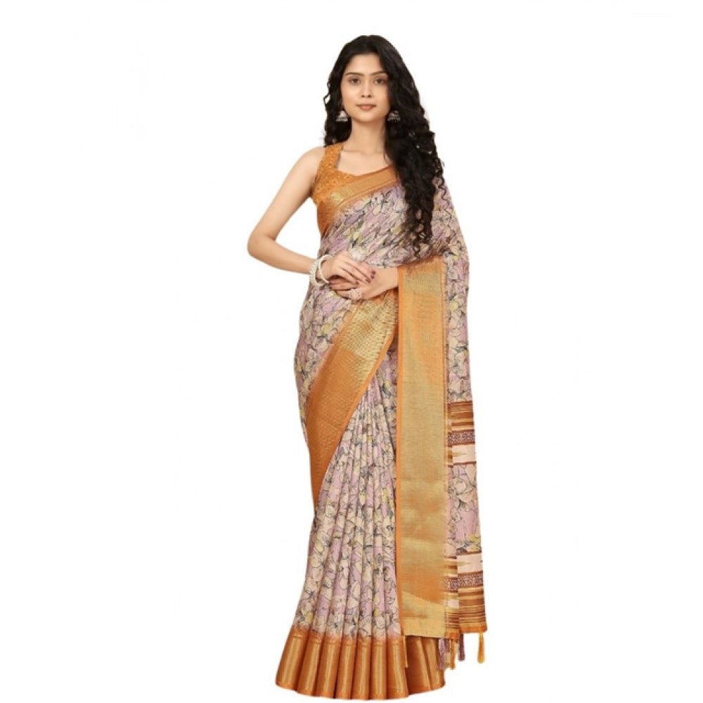 Floral Printed Saree With Unstitched Blouse 5.5Mtr (Lavender) - Image 2