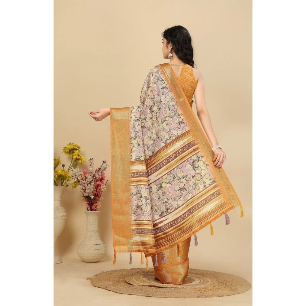 Floral Printed Saree With Unstitched Blouse 5.5Mtr (Lavender) - Image 3