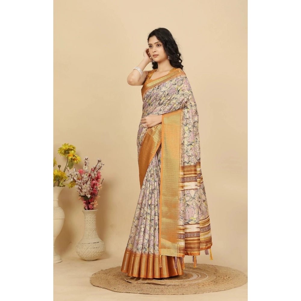Floral Printed Saree With Unstitched Blouse 5.5Mtr (Lavender) - Image 4