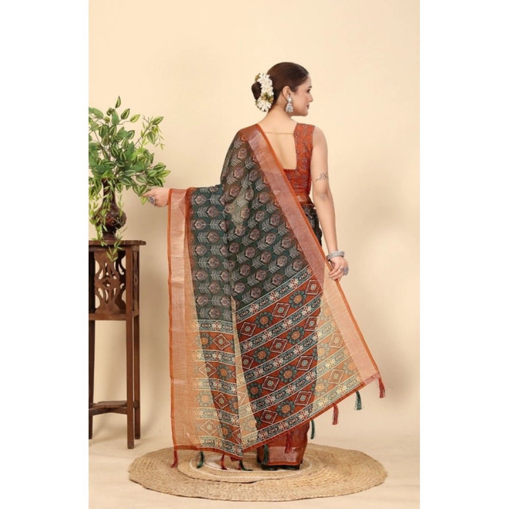 Printed Saree With Unstitched Blouse 5.5Mtr (Multicolor) - Image 4