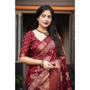 Printed Saree With Unstitched Blouse 5.5Mtr (Maroon)