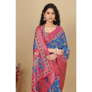 Printed Saree With Unstitched Blouse 5.5Mtr (Blue)
