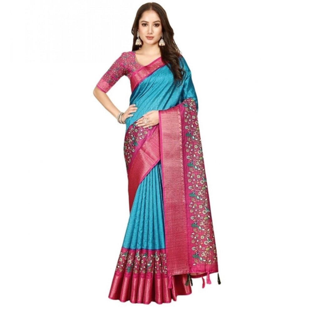 Printed Saree With Unstitched Blouse 5.5Mtr (Blue-Pink) - Image 2