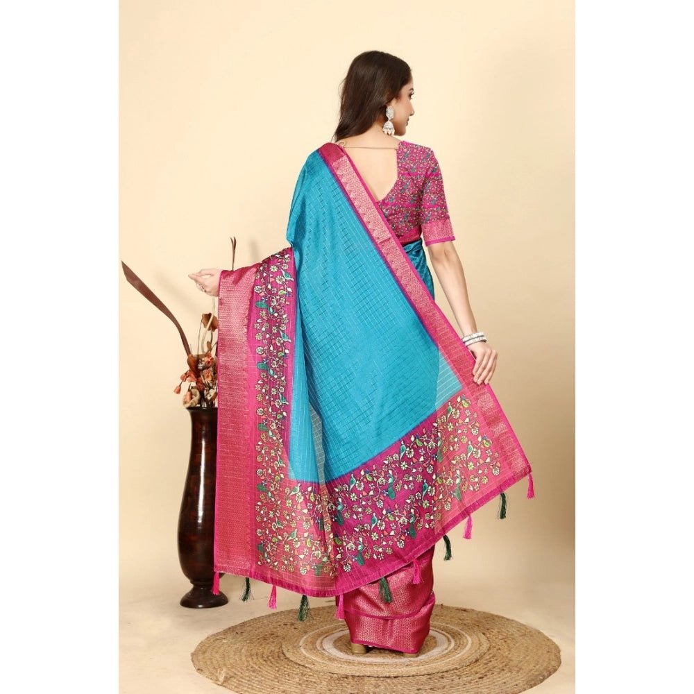 Printed Saree With Unstitched Blouse 5.5Mtr (Blue-Pink) - Image 3
