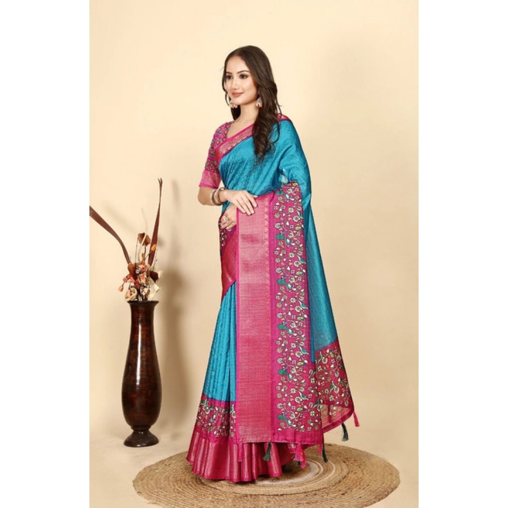 Printed Saree With Unstitched Blouse 5.5Mtr (Blue-Pink) - Image 4
