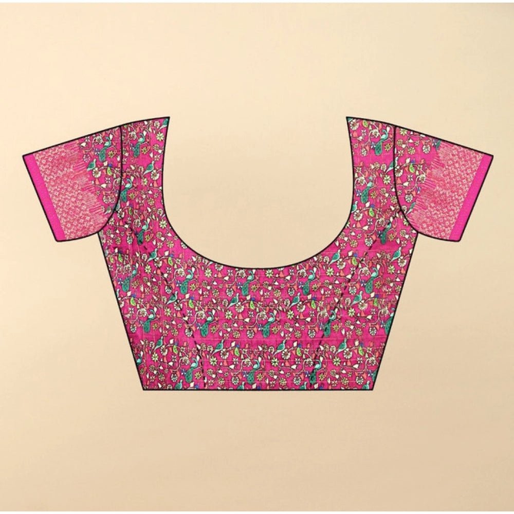 Printed Saree With Unstitched Blouse 5.5Mtr (Blue-Pink) - Image 5
