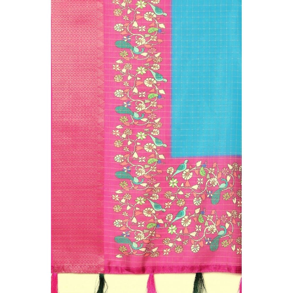 Printed Saree With Unstitched Blouse 5.5Mtr (Blue-Pink) - Image 6